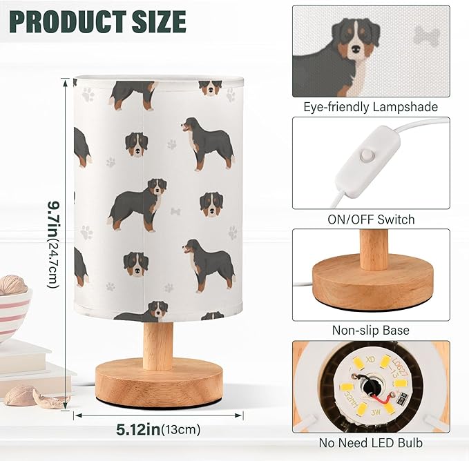 Bernese Mountain Dog Pattern Table Lamp with Wood Base Fabric Lamp Shade Bedside Nightstand Desk Lamp for Living Room Bedroom Kids Room Office