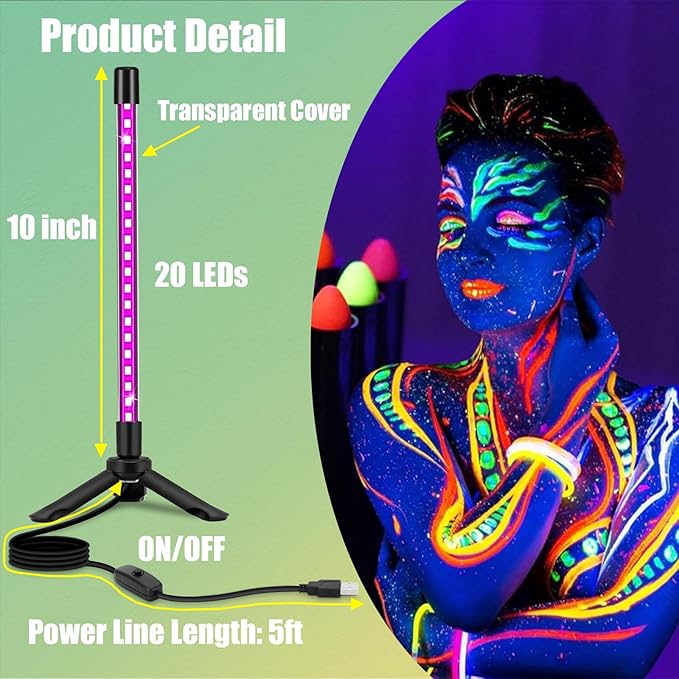 1 Pack USB Black Light Bar, Portable LED Blacklight with Stand, Switch, 5ft Cord for Neon Glow Party Fluorescent Poster Body Paint Desk Lighting Halloween Decor