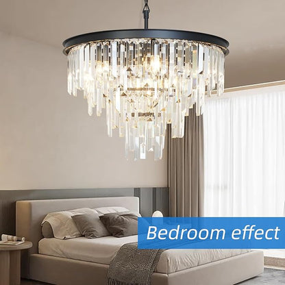 24'' Modern Crystal Chandelier, Black Round Ceiling Light with Clear Prisms, Luxury Flush Mount Lighting Fixture for Dining Room Bedroom Foyer