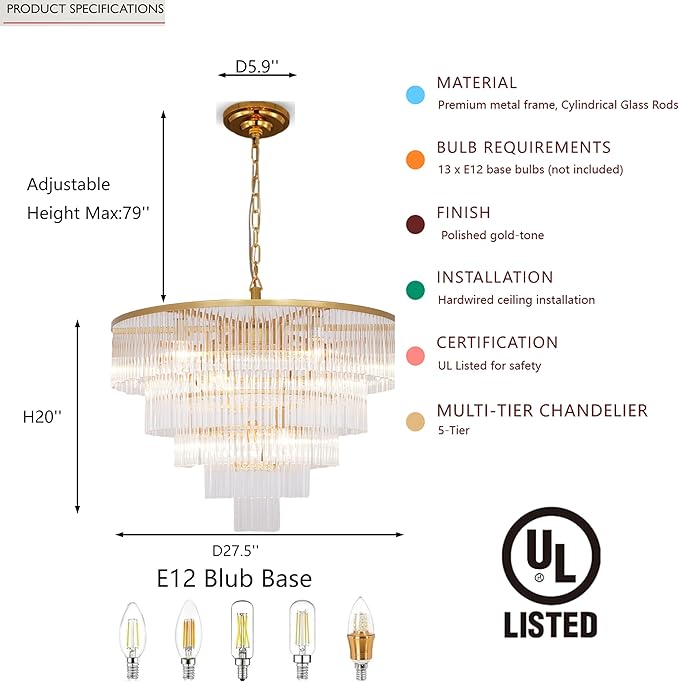 Modern Multi-Tier Crystal Chandelier 5-Tier Round Gold Finish Ceiling Light -Cylindrical Glass Rods -Dining Room Living Room Bedroom Entryway -Luxury Lighting Fixture 27.5''