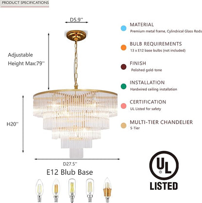 Modern Multi-Tier Crystal Chandelier 5-Tier Round Gold Finish Ceiling Light -Cylindrical Glass Rods -Dining Room Living Room Bedroom Entryway -Luxury Lighting Fixture 27.5''