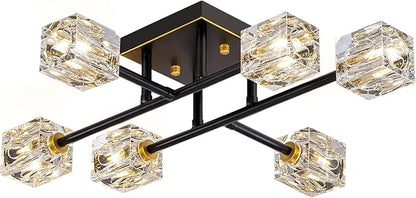 Semi Flush Mount Ceiling Light Fixture,6-Light Modern Crystal Chandeliers,Black and Gold Farmhouse Lighting Fixtures for Dining Room Living Room Kitchen Bedroom Entryway