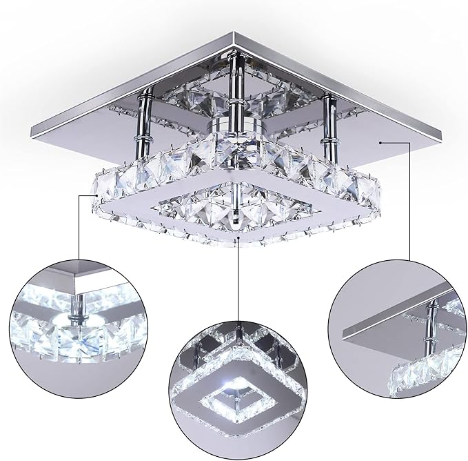 Modern Crystal Chandelier 7.9 Inches Led Ceiling Light Mini Square Flush Mount Ceiling Light for Bedrooms Dinning Rooms Hallway(Changeable Color,15W)