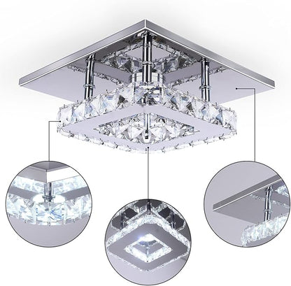 Modern Crystal Chandelier 7.9 Inches Led Ceiling Light Mini Square Flush Mount Ceiling Light for Bedrooms Dinning Rooms Hallway(Changeable Color,15W)