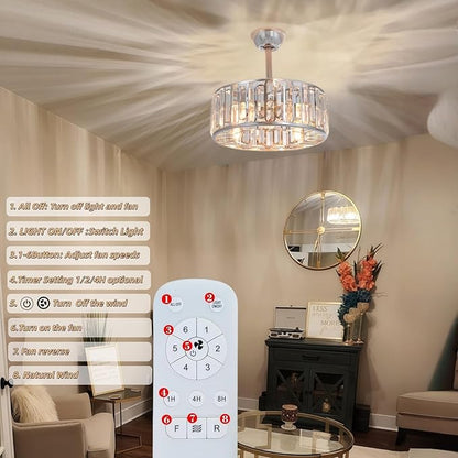 18.2" Silver Crystal Caged Ceiling Fan with Light 4-Lights Modern Flush Mount Fandelier Lights Remote Chrome Crystal Chandelier Ceiling Fan for Bedroom Living Room Dining Room Entry Loft Hallway