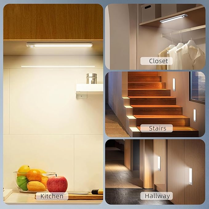 Under Cabinet Lighting Wireless, Under Cabinet Lights, 4 Pack Rechargeable Motion Sensor Light Indoor, 3 Color Temps, 5 Levels Dimmable Magnetic Closet Lights, Under Counter Lights for Kitchen, Stairs