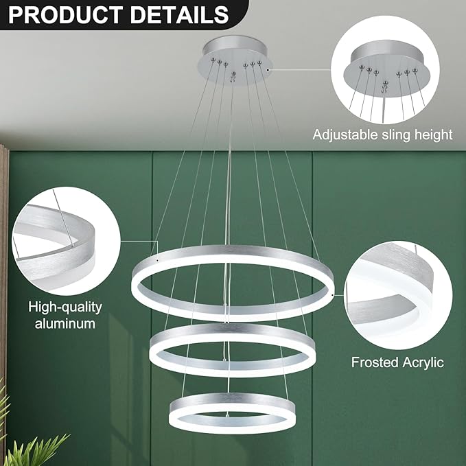 Buccleuch Dimmable 3-Ring LED Chandelier, Height Adjustable Modern Silver Pendant Light, ETL-Certified Flush Mount Acrylic Ceiling Light for Dining Room Living Room Bedroom Foyer, 6000K