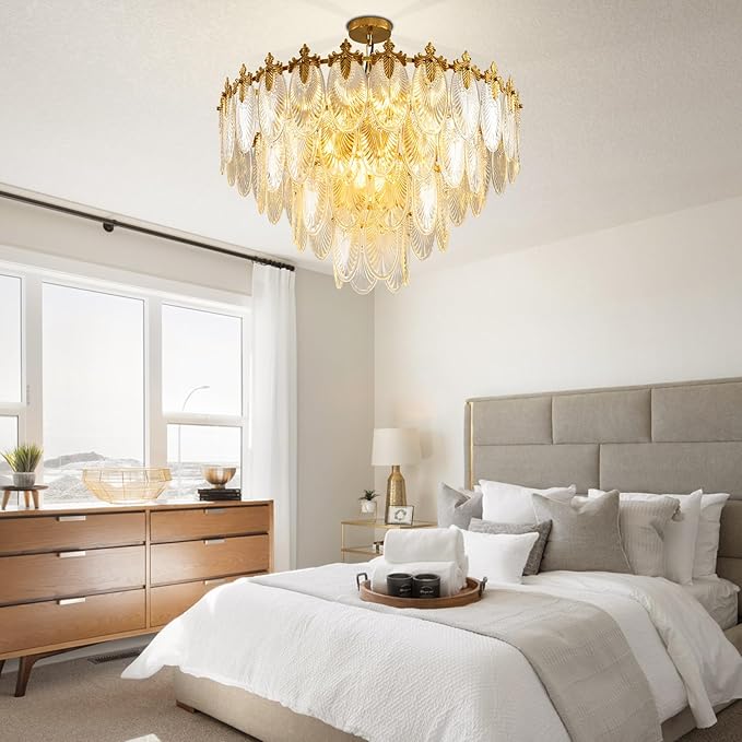 KELUOLY Modern Large Crystal Chandelier, 4-Layer Gold Glass Chandelier, 12 Light Round Antique Ceiling Pendant Light, 31.5 Inchs Adjustable Height for Foyer, Living Room, Bedroom, Dining Room
