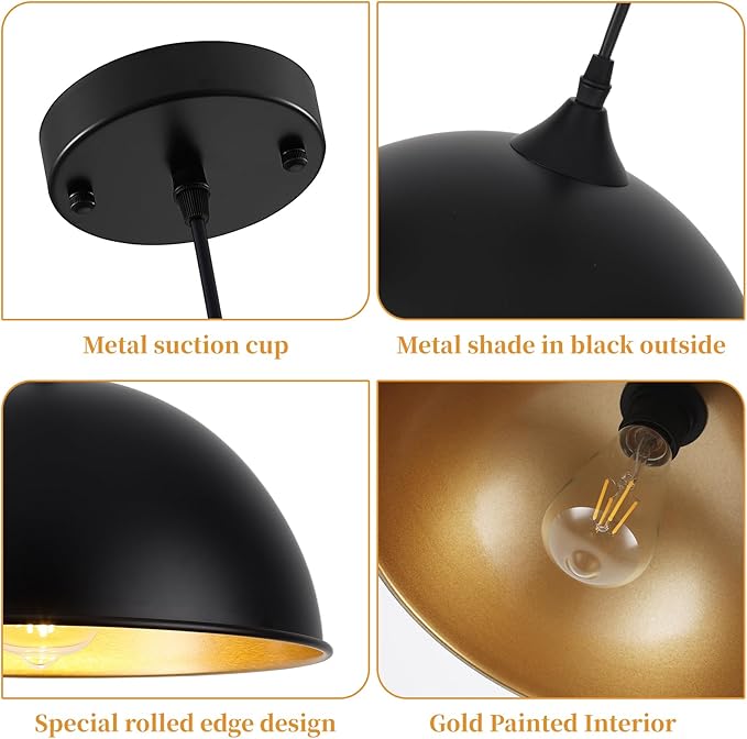 Black Pendant Lights Kitchen Island 3 Pack, 11.8" Farmhouse Pendant Lighting, Black and Glod Kitchen Light, Modern Dome Kitchen Pendant Lighting Over Island Dining Room Entryway Bar