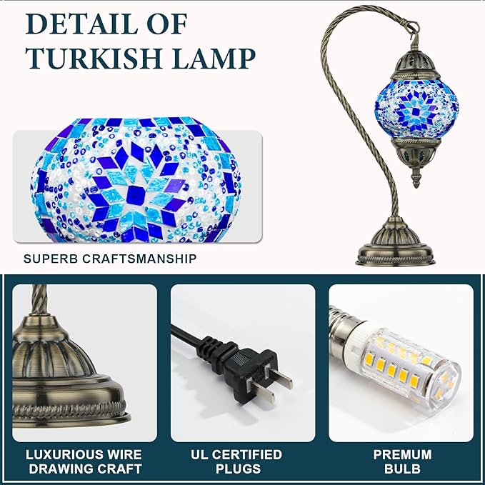 Marrakech Stained Glass Lamp Turkish Moroccan Table Lamp with Vintage Style, Handmade Tiffany Lamps with Mosaic Glass&Swan Neck Bronze Base Including LED Bulb for Living Room Bedroom Decor (Blue1)
