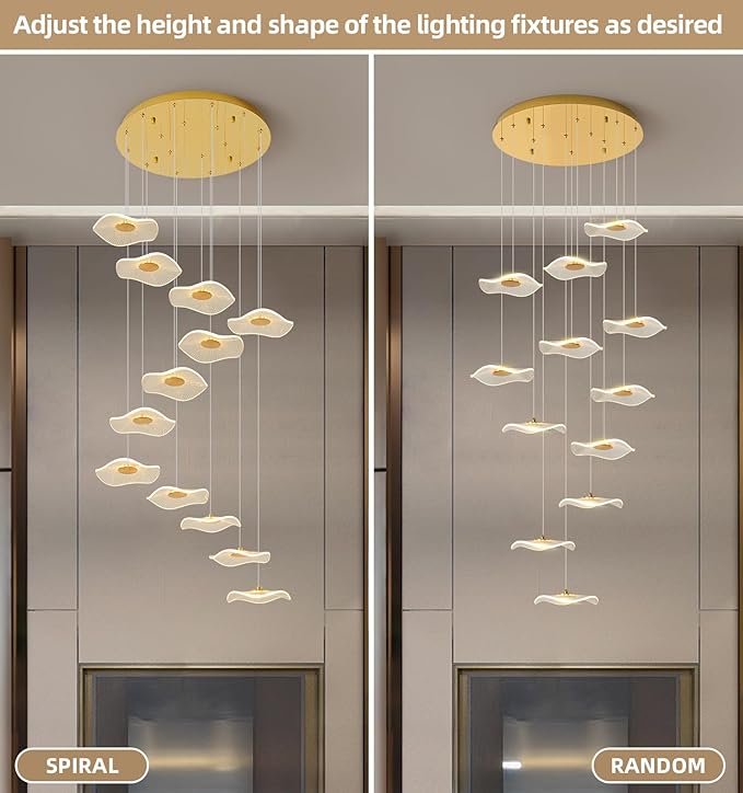 ziidoo High Ceiling Chandelier - 12-Light Dimmable Modern Gold Long Spiral Luxury Linear Lotus Leaf Led Lamp Hanging Pendant Lights for Foyer Enterway Staircase Villas