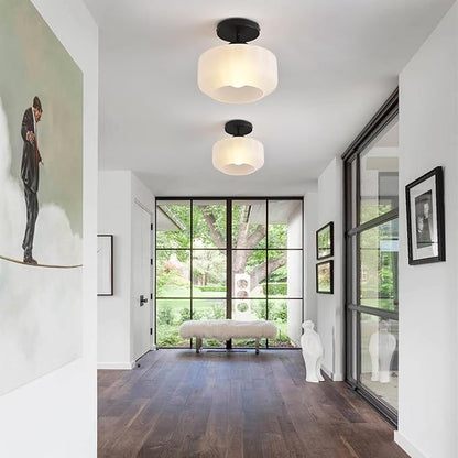Industrial Black Matte Light Fixtures Ceiling Mount, with Frosted Glass Shades Semi Flush Mount Ceiling Light, for Hallway Fixtures Kitchen, Foyer