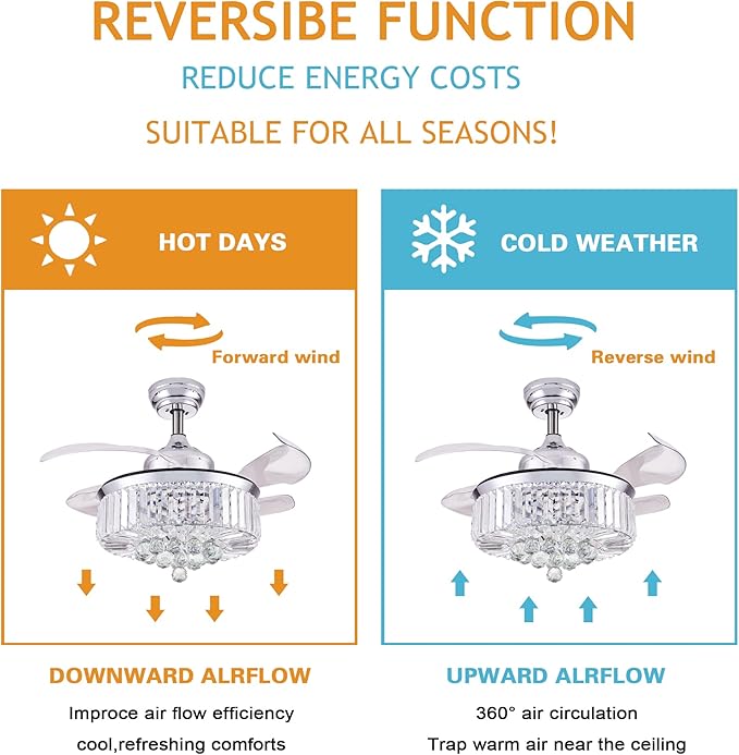 DuMaiWay 36" Dimmable Fandelier Crystal Ceiling Fan with Lights and Remote Modern Invisible Retractable Blades Chandelier Ceiling Fan Light Kit for Bedroom Living Room -Polished Chrome