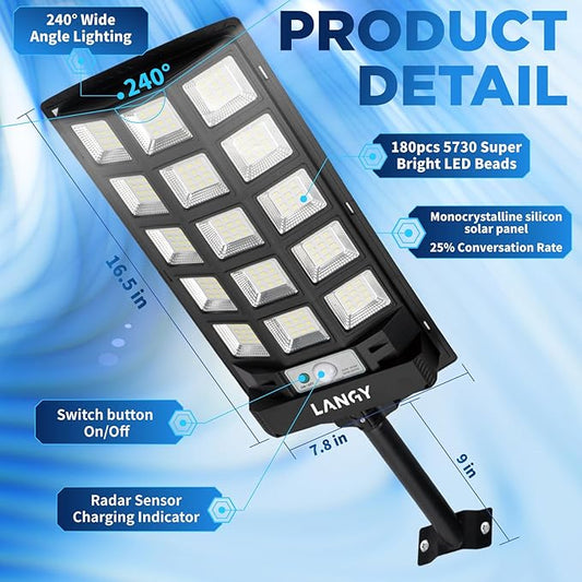 LANGY Solar Street Lights Outdoor 4 Pack, 30000LM 6500K Motion Sensor Dusk to Dawn, IP66 Waterproof LED Flood Security Lights with Remote Control for Parking Lot, Driveway, Garden, Yard