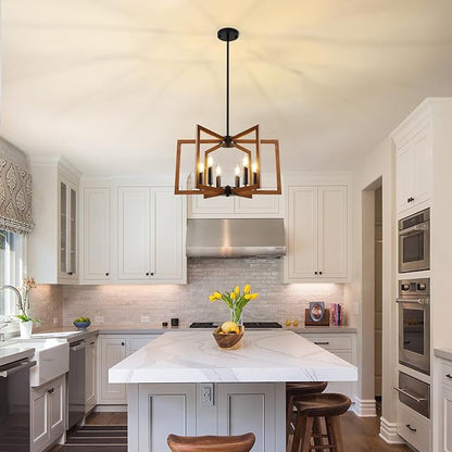 6-Light Wood Grain Chandelier, Farmhouse Dining Room Light Fixture, Modern Chandelier, Geometric Industrial Metal Hang Lighting Fixture for Foyer Entryway Kitchen Over Table Hallway Living Room