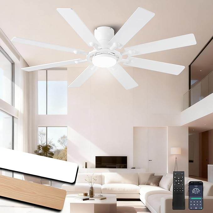 Ceiling Fans with Lights, 54 inch Low Profile Ceiling Fan with Light and Remote Control, Flush Mount Ceiling Fan for Bedroom, Living Room, Reversible, 3CCT, Dimmable, Noiseless DC Motor, White