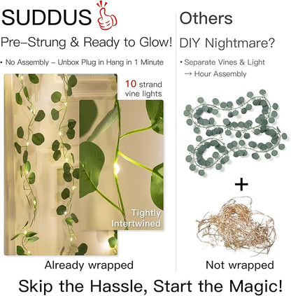 suddus 200 LED Vine with Light Plug in, 6.5ft x 6.5ft Eucalyptus Fairy Curtain Lights with Remote, Leaf Fairy Lights for Wall,Bedroom, Dorm, Wedding, Party, Indoor Decor(Warm White)
