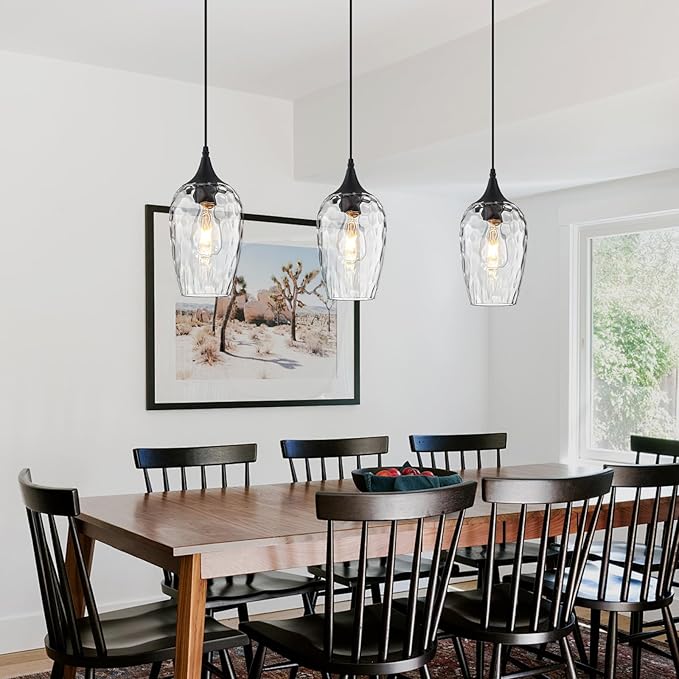 Glass Pendant Lights Kitchen Island, Black Pendant Light Fixtures with Hand-Blown Clear Glass Modem Farmhouse Hanging Light for Kitchen Sink Dining Room Bedroom