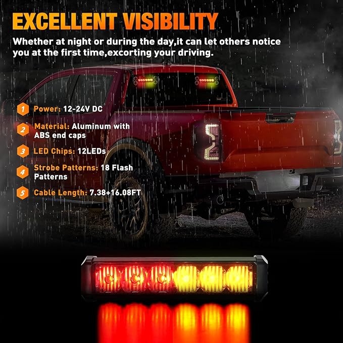 Nilight 12LED Emergency Strobe Traffic Advisor Light Bar 2 in 1 Amber Red Dash Warning Safety Flashing Lights Front/Rear Windshield Construction Lights for Trucks Cars Plow Police Firefighter Vehicles