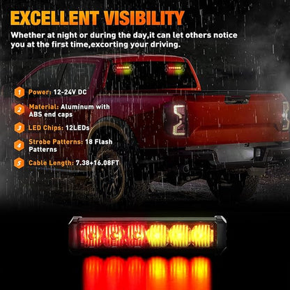 Nilight 12LED Emergency Strobe Traffic Advisor Light Bar 2 in 1 Amber Red Dash Warning Safety Flashing Lights Front/Rear Windshield Construction Lights for Trucks Cars Plow Police Firefighter Vehicles