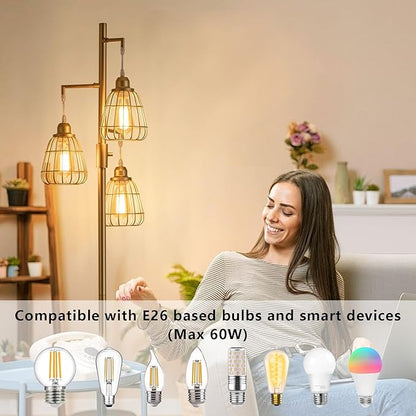 9MMML Gold Dimmable Floor Lamp,Industrial Farmhouse Tall Standing Floor Lamp for Living Room, Bedroom, Corner,Office,Gold 3 Teardrop Cage Lampshade,68”Height,3 LED Bulb Included