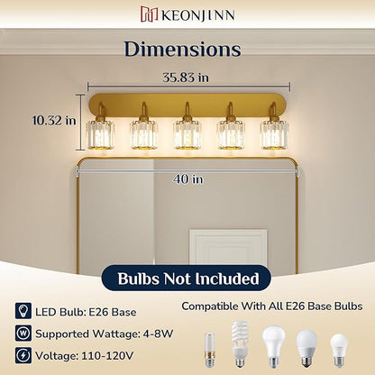 Keonjinn 5-Light Bathroom Light Fixtures, Crystal Gold Bathroom Vanity Lights Over Mirror, Vanity Lighting Fixtures with Crystal Square Shades (E26 Socket, Exclude Bulb)