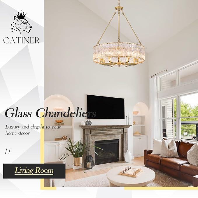 CATINER 30" Modern Gold Drum Chandelier Luxury Crystal Glass Chandeliers 12 Lights Ceiling Pendant Lighting Fixture for Living Room Dining Room Foyer Bedroom