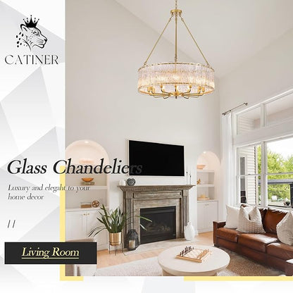 CATINER 30" Modern Gold Drum Chandelier Luxury Crystal Glass Chandeliers 12 Lights Ceiling Pendant Lighting Fixture for Living Room Dining Room Foyer Bedroom