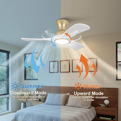 White Gold Ceiling Fans with Lights Flush Mount,36 inch Solid Wood,Remote Control,Wall Switch,Dimmable,Reversible,Power off Memory Modern Ceiling Fan for BedRoom Patio Indoor/Outdoor Use