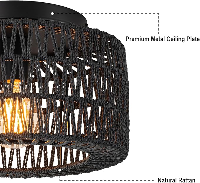 SineRise Rattan Ceiling Light Fixtures (12-Inch, LED Bulb Included), Hand-Woven Boho Flush Mount Ceiling Light, Rattan Chandelier for Hallway Kitchen Farmhouse Foyer Entryway Living Room(Black)