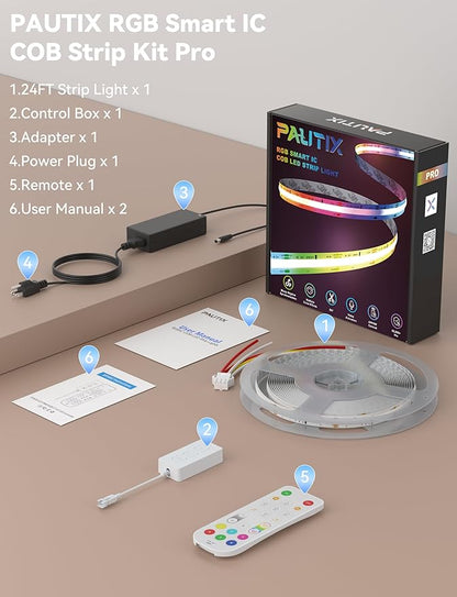 PAUTIX RGB Smart IC COB LED Strip Lights,Work with Alexa/Google Assistant,24ft/7.5m,720LEDs/m Addressable UL-Listed 24V Chasing Color Flexible Tape Light,for Cabinet,TV,Bedroom,Party DIY Decoration