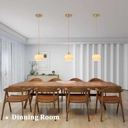 Shenmoyl Pendant Light with White Striped Glass Lmapshade, Brass Vintage Pendant Light Adjustable Hanging Light for Kitchen Island Dining Room Hallway