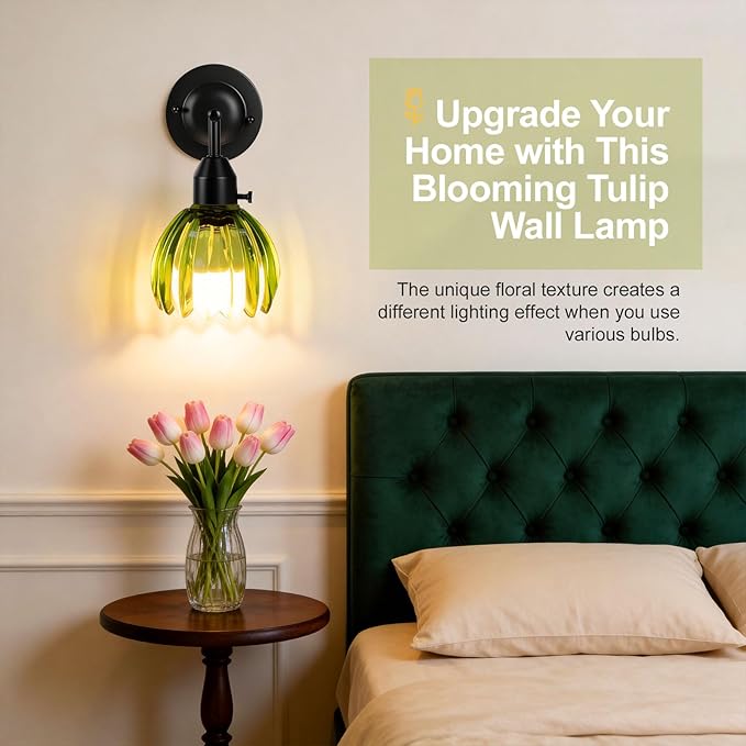 Vintage Gold Wall Sconces with Green Tulip Glass Lampshade, Hardwired Wall Lamp (2 Usage Methods), Blakc Sconces Hradwired Modern Wall Lighting Fixture for Bedroom Living Room