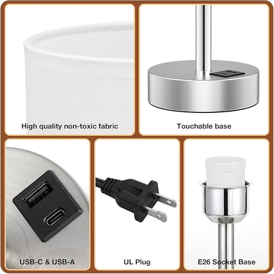 Dicoool White Touch Bedside Lamp with USB - 3 Way Dimmable Table Lamp for Bedroom, Nightstand Lamp with Nickel Charging Station and Silver LampHolder for Dorm Kids Room, Small