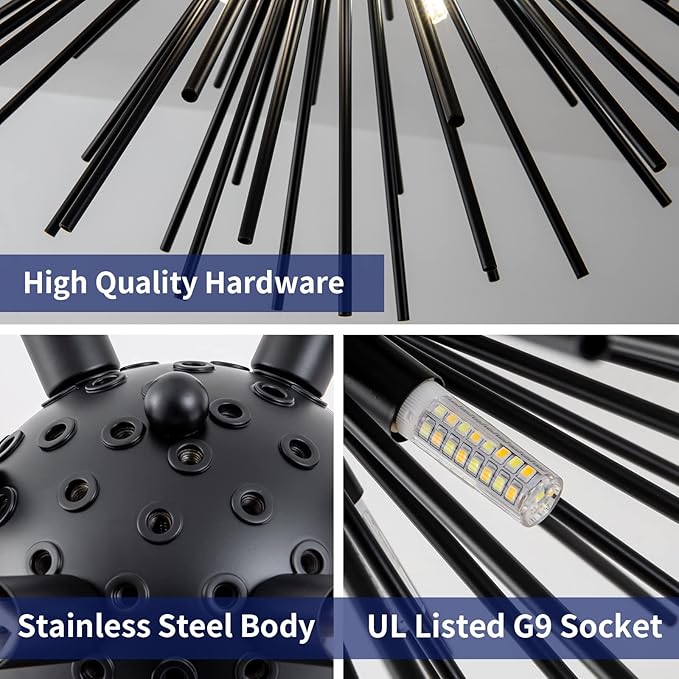 CM MZY Black Flush Mount Ceiling Lights, Mid Century Starburst Sputnik Chandeliers, 6-Light Close to Ceiling Lighting Fixtures for Bedroom Kitchen Hallway Entryway Closet, G9 Socket