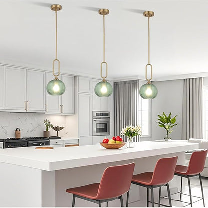Green Glass Pendant Light Set of 2 Modern Globe Pendant Lighting Nordic Ribbed Gold Ceiling Hanging Chandelier with Brushed Brass Adjustable Rods Dining Room Kitchen Island Light Fixture