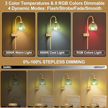ZECOXOL Vintage Battery Operated Wall Sconces Set of 2, Gold Rechargeable Wireless Wall Lamp Lights with Glass Lampshade & Remote,Dimmable 12 Colors Flower Wall Sconce for Bedroom Living Room Hallway