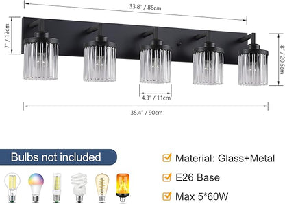 Modern Crystal Bathroom Light Fixtures, 5 Light Black Farmhouse Vanity Lights, with Crystal Glass Shade, Industrial Bathroom Lighting Fixtures Over Mirror Wall Light for Bedroom Living Room