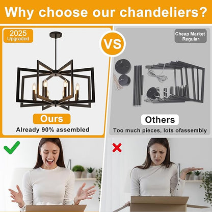27.6"Modern Black Chandelier for Dining Room, 8-Light Easy To Install Farmhouse Dining Room Light Fixture Over Table, Industrial Hanging Pendant Lights for Kitchen Island, Living Room, Foyer, Entryway