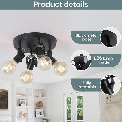 4-Light Kitchen Ceiling Spotlight，Multi-Directional Track Lighting Fixtures Ceiling with Open No Shade Design, Black Ceiling Light for Kitchen Island, Sink,Dining Room, (E26, Bulb Not Included)