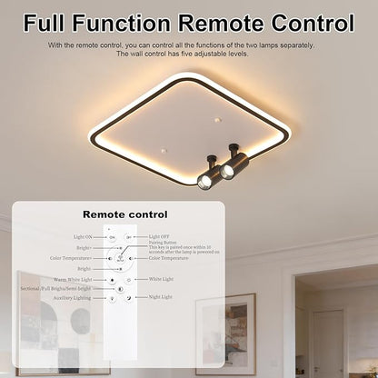 Shine LUEST Modern Square LED Flush Mount Ceiling Light Fixture, 2 Adjustable Spotlights, Black Frame White Shade Minimalist Lighting for Living Room Bedroom Kitchen