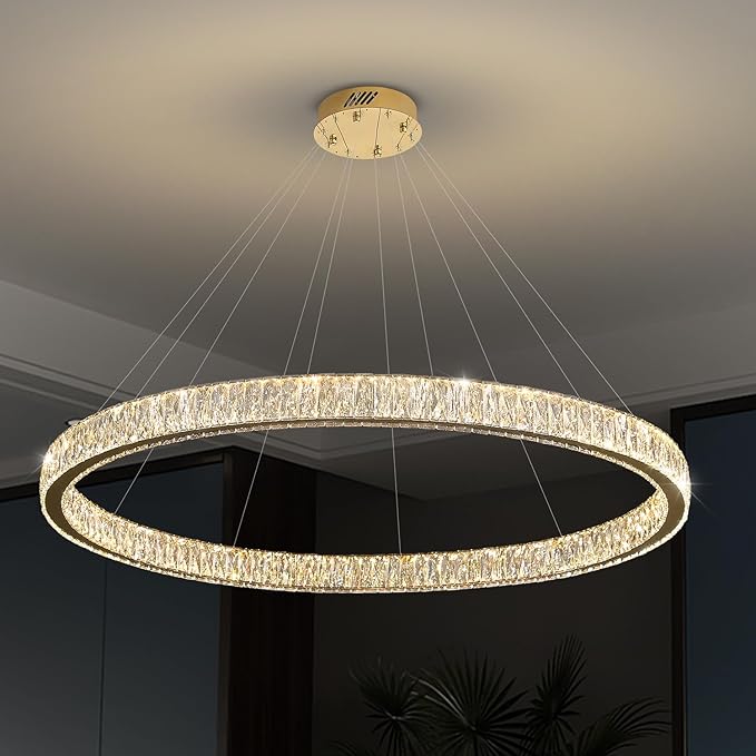 Modern Large Gold Ring Chandelier Dimmable LED 47.5in Adjustable Gold Crystal Ring Pendant Light Fixtures for Dining Room Living Room