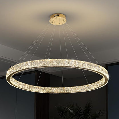 Modern Large Gold Ring Chandelier Dimmable LED 47.5in Adjustable Gold Crystal Ring Pendant Light Fixtures for Dining Room Living Room
