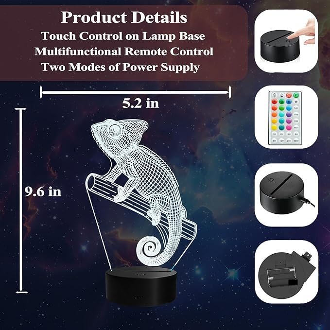 Chameleon Night Light, Lizard Gifts, 3D Illusion Lamp with Remote Control, 16 RGB Colors, 4 Flashing Modes, Timer, Dimmable, Chameleon Toy Accessories for Holiday Birthday Christmas
