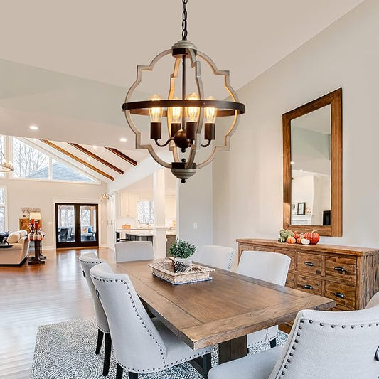 MEIXISUE Rustic Farmhouse Chandelier,ORB+Oak Finish,4-Light Vintage Antique Chandeliers Pendant Light Fixtures for Kitchen Dining Room Living Room Entryway Foyer UL Listed