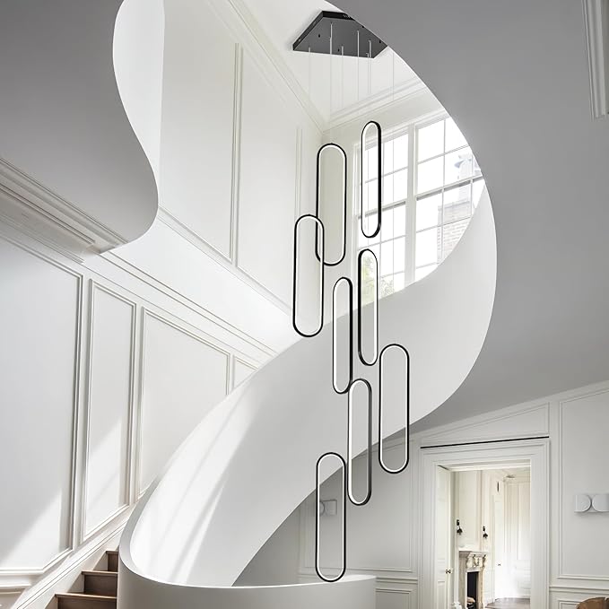 GEADI Modern Led High Ceiling Chandelier with Remote, Dimmable Foyer Chandeliers for High Ceilings, Black Large Staircase Pendant Light Fixture for Entryway(8 Lights,3000-6500K