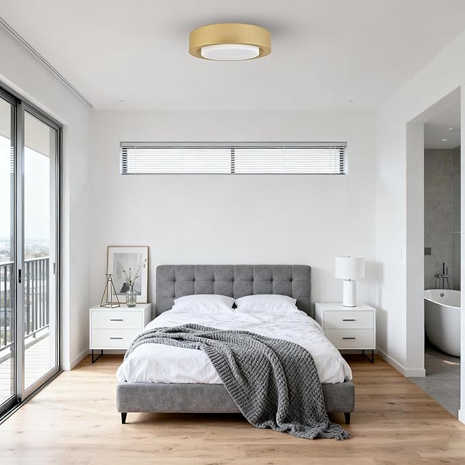 13-Inch Modern Gold Flush Mount Ceiling Light Fixture with White Glass Shade - Ideal for Bedroom, Hallway, Entryway, Living Room, Stairwell, and Kitchen