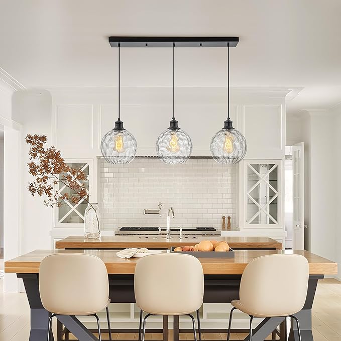 3 Light Pendant Lighting, Black Island Lights for Kitchen, 31.5" Globe Pendant Light with Clear Hammered Glass Shade, Adjustable Farmhouse Hanging Light Fixtures for Dining Room