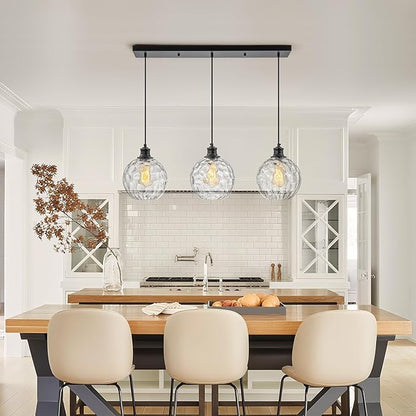3 Light Pendant Lighting, Black Island Lights for Kitchen, 31.5" Globe Pendant Light with Clear Hammered Glass Shade, Adjustable Farmhouse Hanging Light Fixtures for Dining Room