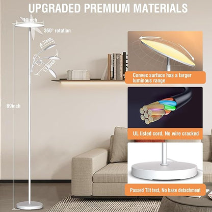 marctronic White Floor Lamps for Living Room, 44W/4500LM Super Bright 2 in 1 LED Floor Lamp with Remote, Stepless Dimmable, 69" Tall Standing Floor Lamp with Bendable Reading Light for Bedroom Office